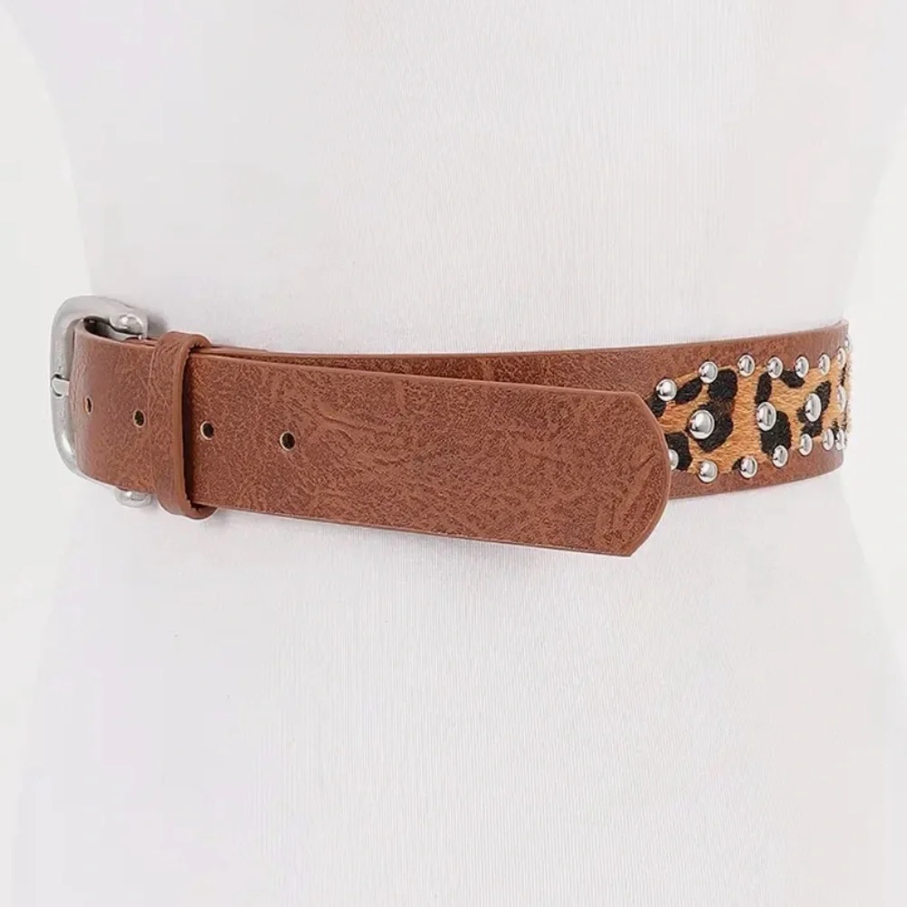 Camel Leopard Print Stud Belt